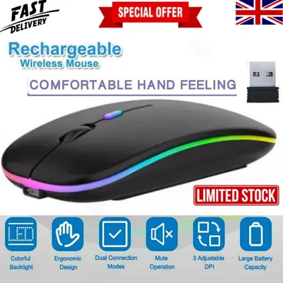 £2.84 • Buy Slim Silent Rechargeable Wireless Mouse + USB Mice RGB LED MacBook Laptop PC UK