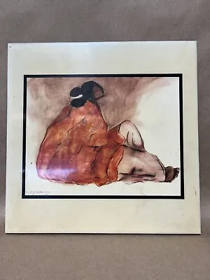 R C Gorman Woman Sitting With Orange Striped Blanket On Tile 12x12. Signed 1977 • $39.99