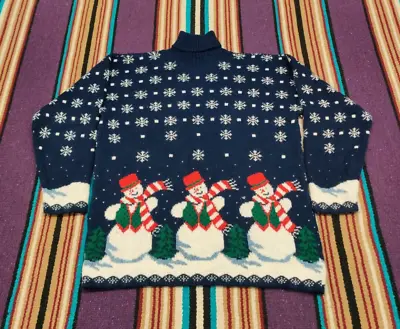 Vintage 90's Snowman Christmas Knit Turtleneck Sweater Blue USA Made Sz S Frosty • $24.99
