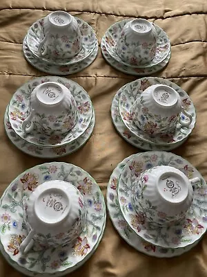 Minton Haddon Hall Tea Trio  X Six. Teacup Saucerside Plate Floral On White. • £40