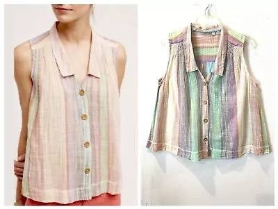 Anthropologie Holding Horses 6 M Coastal Swing Sleeveless Big Button Shirt Boxy • $21