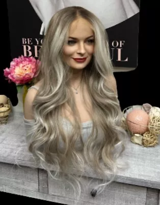 30” Long Lace Front Synthetic Wigs For Women Ash Blonde Balayage With Silver Med • $275