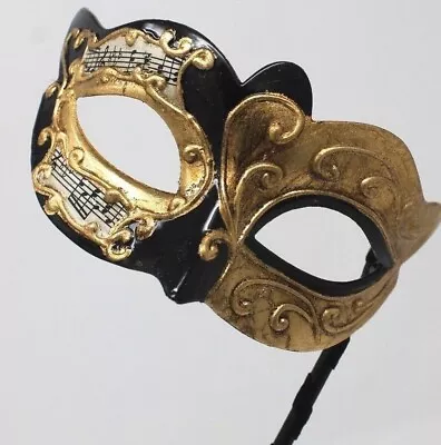 Black & Gold Musical Notes Venetian Masquerade Party Ball Eye Mask On A Stick • £16.99