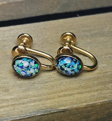 VTG Signed Van Dell Real Fiery Opal Chips Blue Gold Filled Screw Earrings • $72