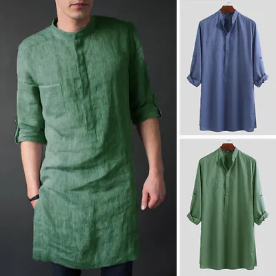 Men's Kurta Clothing Long Sleeve Kaftan T Shirt Tunic Dress Top Formal T Shirt • £21.59