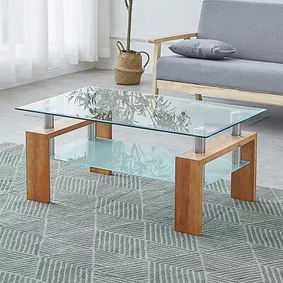 Modern 2-Tier Glass Coffee Table Living Room With Storage Shelves Tea Table Home • $88.98
