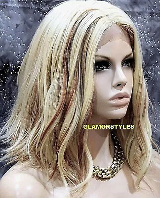 Lace Front Full Wig Bob Straight Layered Middle Part Bleach Blonde Mix Heat Ok • $79.95
