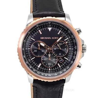 Michael Kors Cortlandt Mens Chronograph Watch Silver Rose Gold Black Leather • $89.80