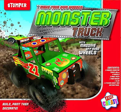 Make & Paint Your Own Wooden Monster Truck Car Kids Creative Building Set Toy • £7.75