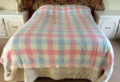 Vintage WOOL Blanket 1960s Gingham Plaid / Pink White Blue 80 X86  • £19.99