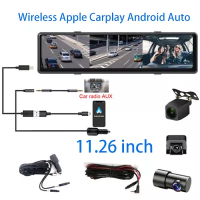 Mirror Dash Cam Wireless Apple Carplay Android Auto 11.26  Touch Screen Black 1X • $119.69