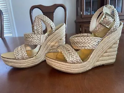 Michael Kors Womens Strappy Sandal Wedge Heels Shoes Size 8M Gold Weaved Leather • $22.99
