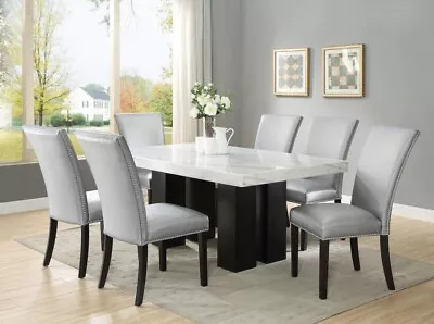 7 PC Rectangular Formal Dining Set Marble Top Table Silver Nail Head Chairs  • $2496