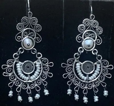 Mexican Oaxacan Pearl Sterling Silver Filigree Frida Earrings • $128
