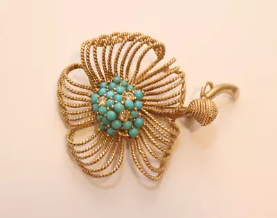 Vintage 14k Gold Flower Pin Brooch Diamonds Turquoise 17.7 Grams • $499.99