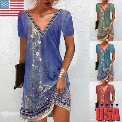 $17.57 • Buy Women's V-Neck Short Sleeve Boho Floral Dress Ladies Summer Casual Midi Sundress