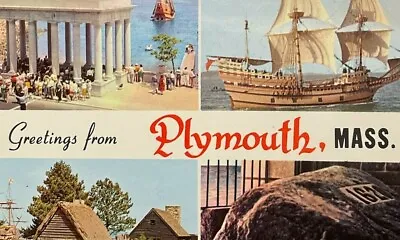 Greetings From Plymouth Massachusetts Mayflower Rock Postcard Used 1960s • $3.39