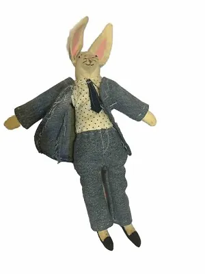 14” FOLK ART Mr RABBIT SOFT SCULPTURE RAG  DOLL Denim Suit & Tie Business Rabbit • $20