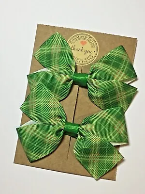 TARTAN GREEN Hair Bow Alligator Clip/ Bobbles Set Of 2  Girls Baby Toddler Bows  • £3.85