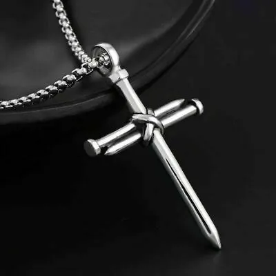 Men Silver Christ Jesus Nail Rope Cross Pendant Necklace Stainless Steel Chain • $12.08