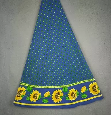 Spring Summer Tablecloth 90  Roumd Cotton Blue Bordered With Yellow Sunflowers • $20