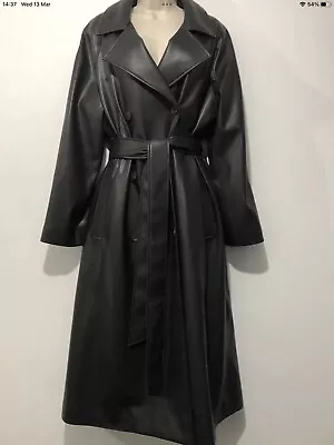 Marks And Spencer Sz 12 Black Trench Coat Mac Faux Leather Bnwt • $50.53