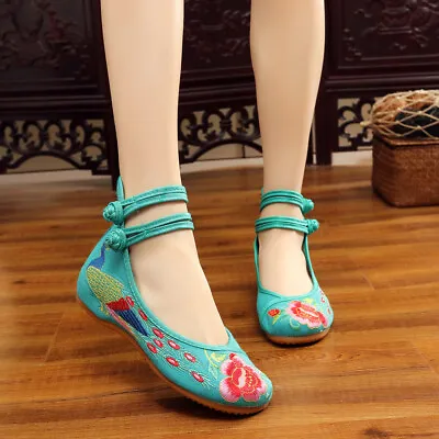 £16.19 • Buy Women Embroidered Chinese Floral Style Wedge Flat Ballet Dance Ankle Strap Shoes