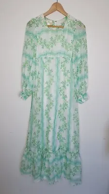 VINTAGE SUSAN PETERS BRIDESMAID DRESS1970s  GREEN FLORAL PRINT SIZE 8 • £30.99