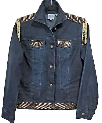 Diane Gilman Denim Jacket Gold Rhinestone Bling Fringe Women Sz.S Stretch Retro • $32