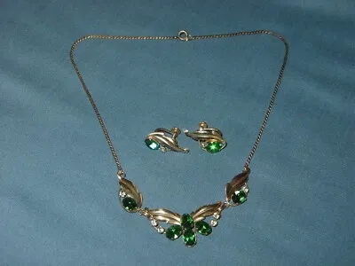 Vintage Van Dell 12k Gold Filled Necklace & Screw Back Earrings Green Stones • $39.95