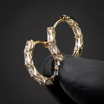 Mens Thin Yellow Gold Plated Sterling Silver Cz Iced Baguette Hoop Earrings • $17.99