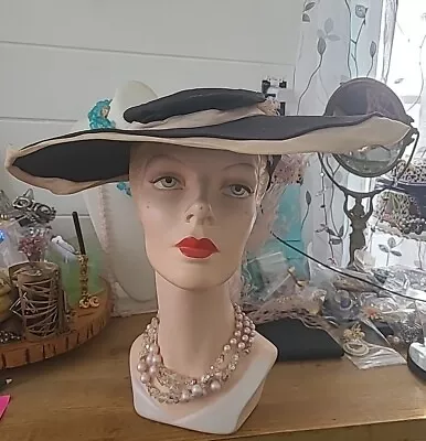 Vintage 40s Black Pale Pink Wide Brim Sun Hat Long Net  • $74.99