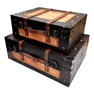 £14.99 • Buy Antique Vintage Style Wooden Wood Suitcase Box Twin Pack Keepsake Memory Storage