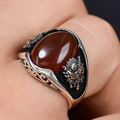 Handmade Genuine Natural Red Agate Aqeeq Vintage 925 Sterling Silver Men Ring • $61.06