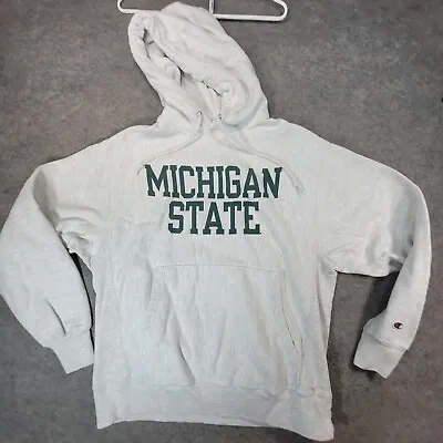 Vintage Michigan State Sweater Mens Medium Gray Reverse Weave Hooded  Sweatshirt • $48.99