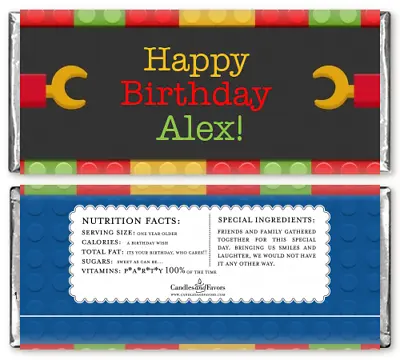 $12 • Buy Building Blocks Personalized Birthday Party Candy Bar Wrappers - Candy Favor
