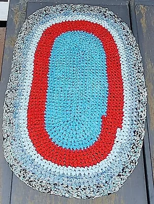 Vintage Handmade Rag Rug. 40  X 25  Oval. Red And Blue. Excellent Condition! • $35