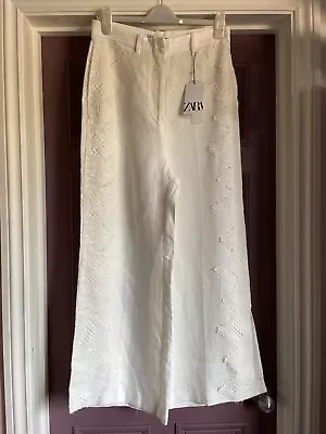 Bnwt Zara Cream Lace Trimmed Wide Leg Trousers Size L • £14.99