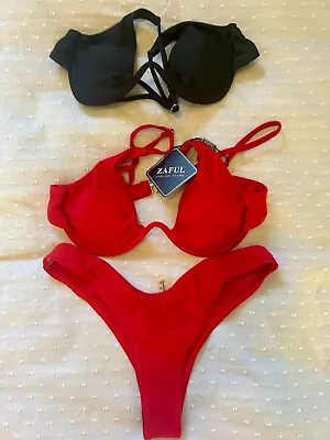 NEW ZAFUL 2 Piece Cheeky Bikini Set Red Ladies Size S Push Up Plunge & Black Top • $22.50