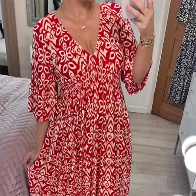 Women Summer Dress V Neck Loose Dresses Floral Seaside Holiday Maxi Dress UK HOT • £8.09