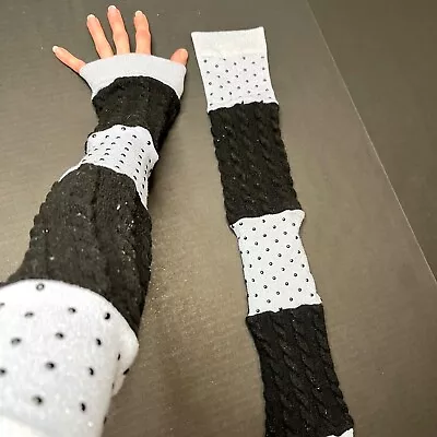 Studded Gloves Black Cable Knit Arm Warmers Blue Hand Covers Driving Sleeves Y2k • $32