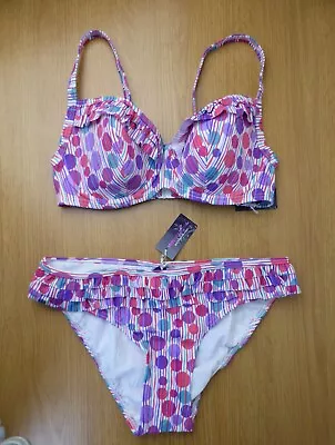 Figleaves 32D Retro Style Frill Wired Padded Bikini  With Size 10 Bottoms Pink • £9.99