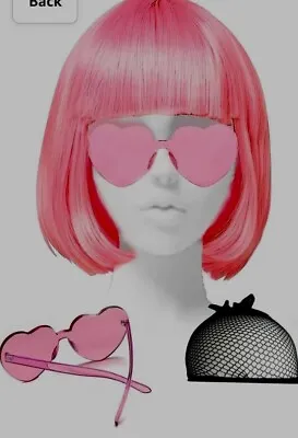 Pink Feather Hair W/ Plastic  Glasses & Wig Cap Short Straight Bob For Halloween • $15.99