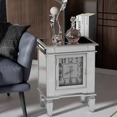 Large Clock Mirrored Sofa Side End Table Bedside Nightstand With Storage Cabinet • £119.97