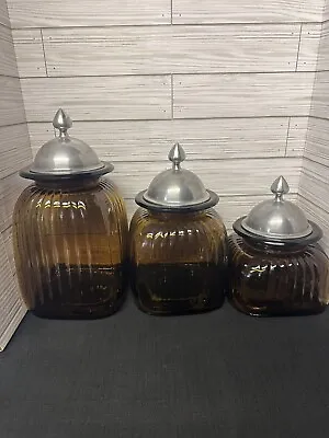 Set Of 3 Vintage Amber Ribbed Glass Canister Jars Pewter Lids Unbranded ￼ • $64.99