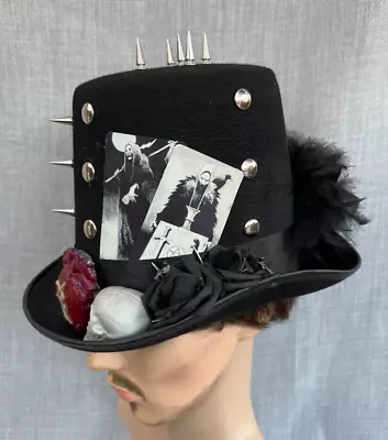 Unique Mens Black Gothic Top Hat Spikes Studs Skulls Feathers Roses 58cm (27) • £26.99