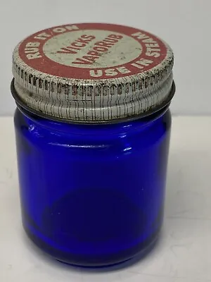 VTINTAGE Vicks Vapor Rub Blue Cobalt Glass BOTTLE 40'S -50'S 2 1/4TALL W LID • $9.99