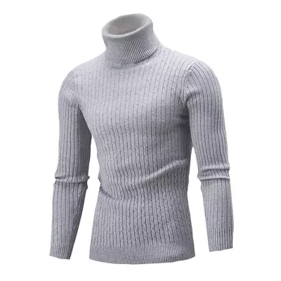 Mens Turtle Neck Knit Cable Roll Up Jumper Sweater Winter Warm Pullover Top • $31.19