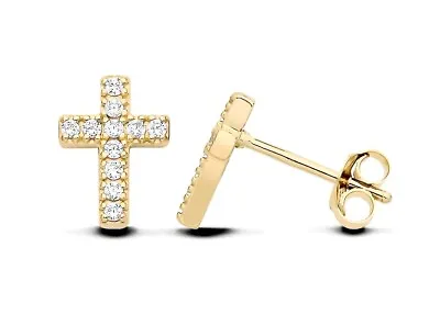 9ct Yellow Gold On Silver CZ Cross Crucifix Stud Earrings • £9.95