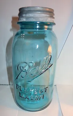 HTF OLD #3 VINTAGE 1910-23  BLUE GLASS BALL 8  CANNING JAR 40 Oz 5 Cups ZINC LID • $26.95